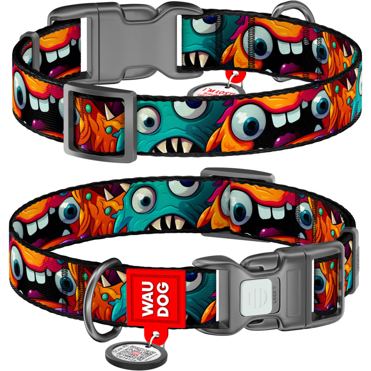 WAUDOG Nylon Dog Collar with QR Code, Toothy Monsters