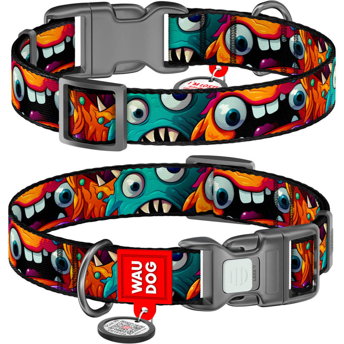 WAUDOG Nylon Dog Collar with QR Code, Toothy Monsters