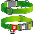 Two green dog collars with gray buckles on a white background, featuring the Wau Dog brand.