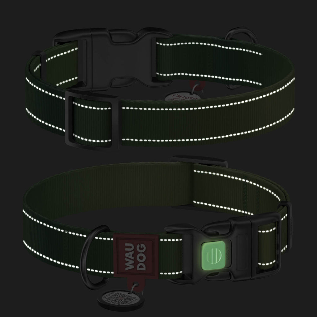 WAUDOG Nylon Mono Dog Collar with QR Code, Green Pattern