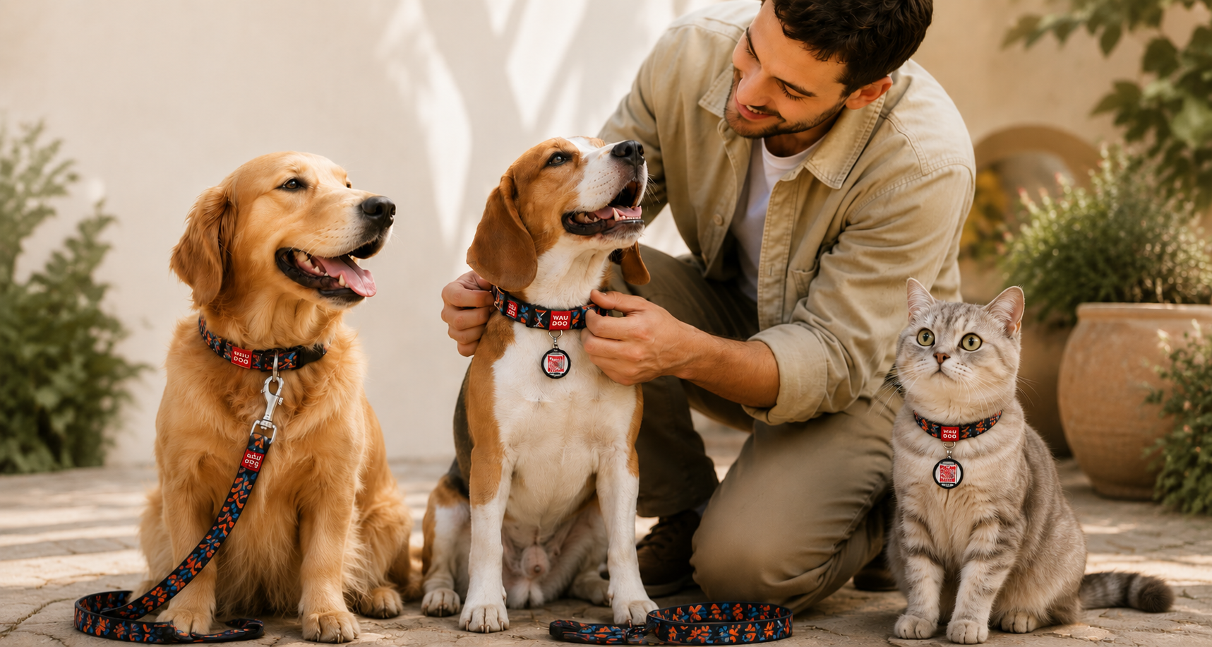 Man kneeling with two dogs and a cat, all wearing collars with tags, outdoors.