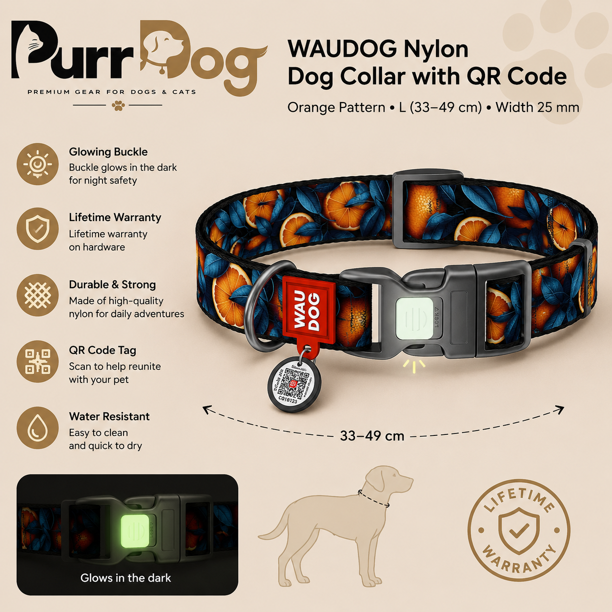 Purr Dog WAUDOG Nylon Dog Collar with QR Code on a beige background advantages