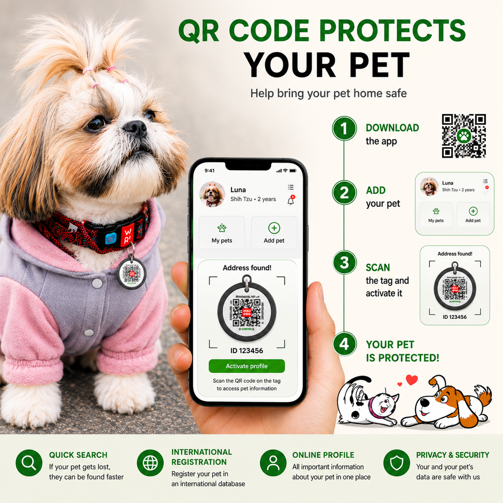 Pet with a QR code tag, smartphone app, and text about pet safety and QR code protection.