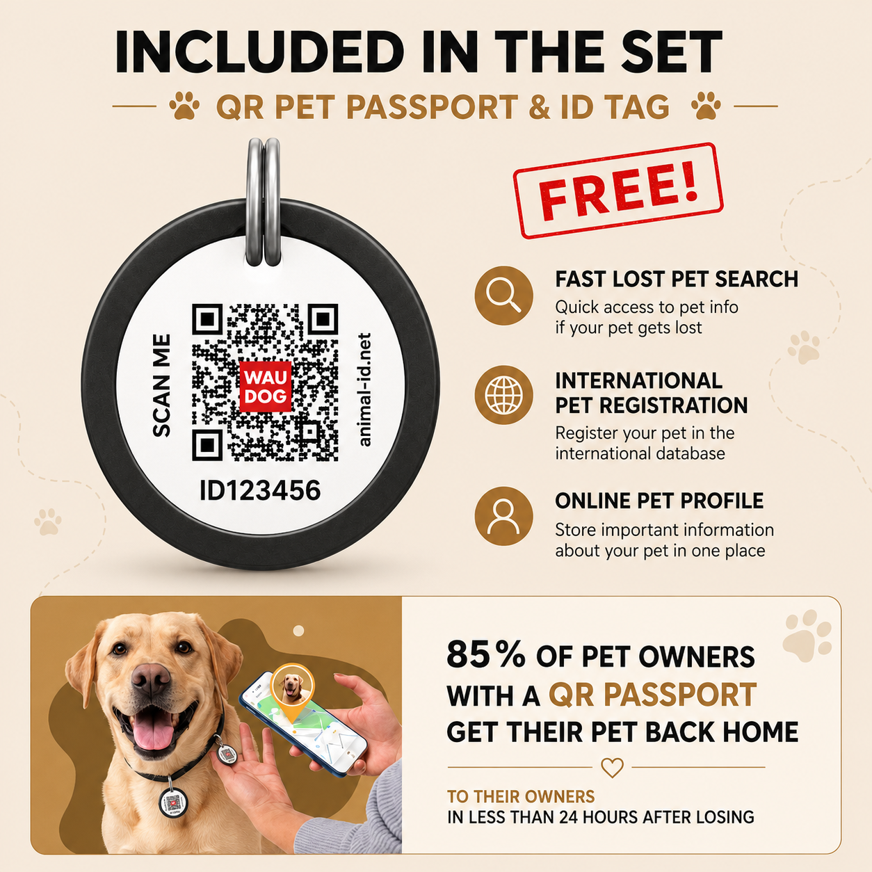 QR Pet Passport and ID Tag with features and benefits on a beige background