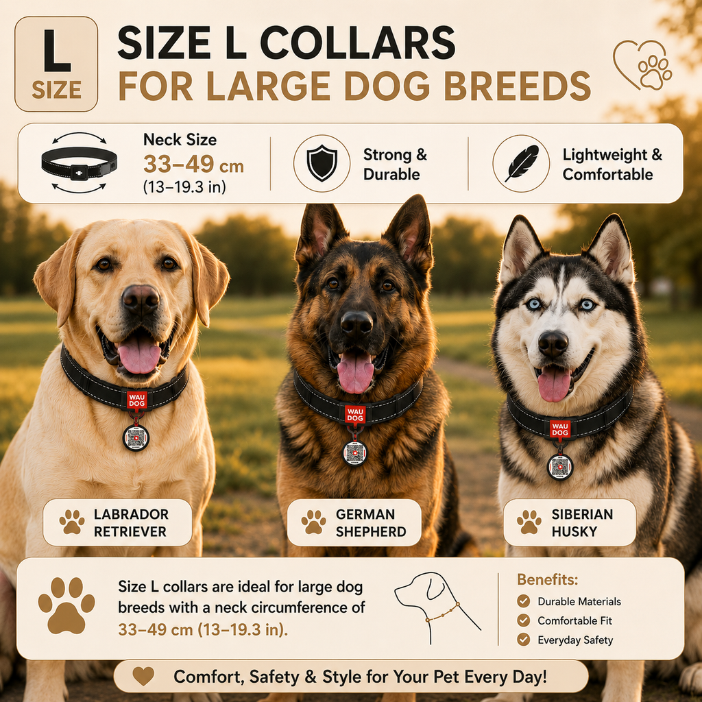 Three dogs wearing size L collars with product details and benefits.