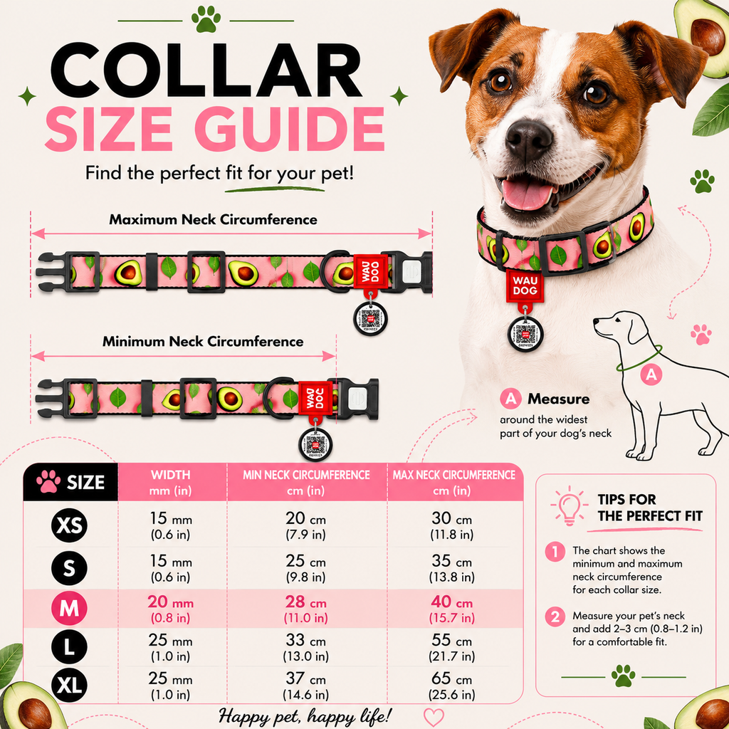 WAUDOG Nylon Dog Collar with QR Code, Avocado on pink