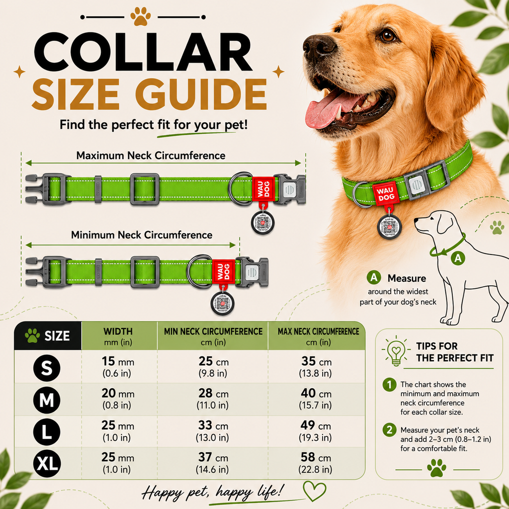 Dog collar size guide with a Golden Retriever wearing a green collar, showing measurements and fitting instructions.