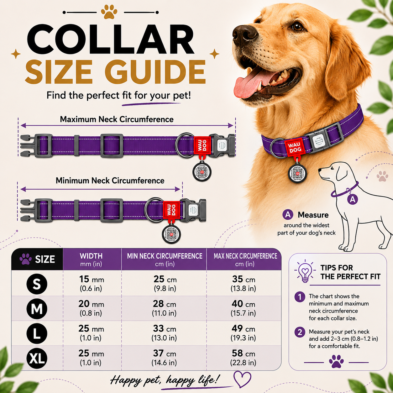 WAUDOG Nylon Mono Dog Collar with QR Code, Violet Pattern