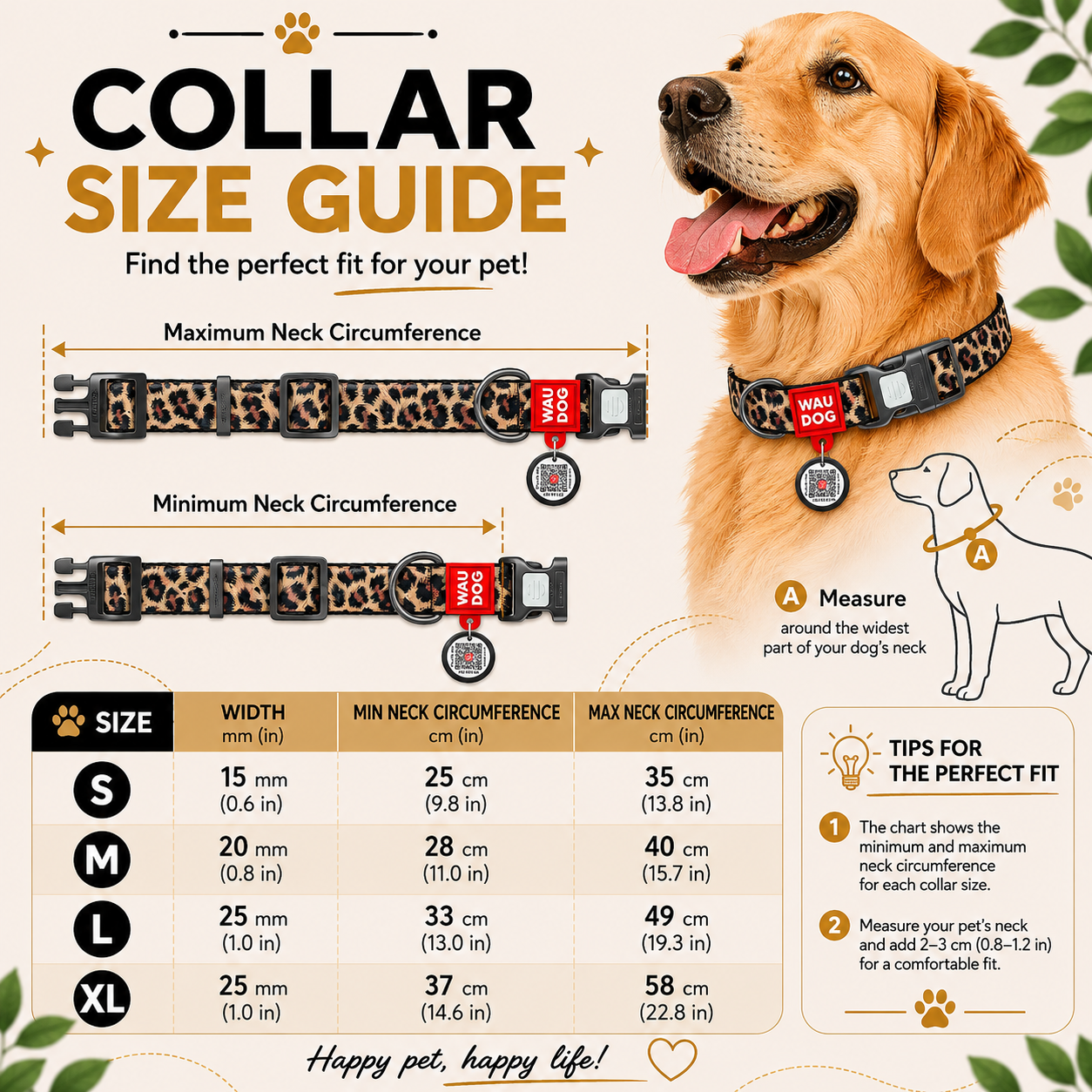 WAUDOG Nylon Dog Collar with QR Code, Leopard