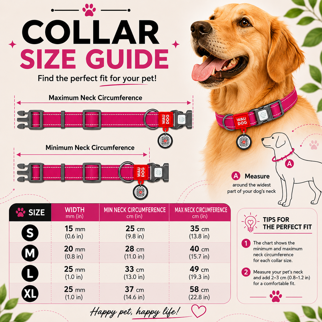 WAUDOG Nylon Mono Dog Collar with QR Code, Pink Pattern