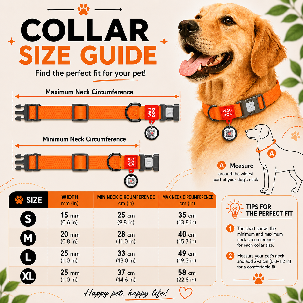 WAUDOG Waterproof Dog Collar with QR Code, Orange Pattern