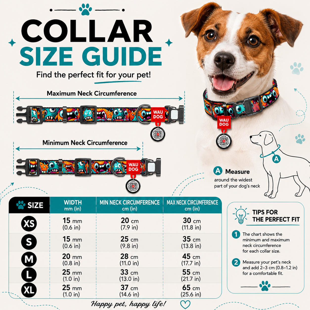 WAUDOG Nylon Dog Collar with QR Code, Toothy Monsters